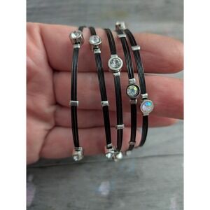 Black Guitar String Coil Wrap Bracelet Silver Tone Crystal Rhinestone Stacked